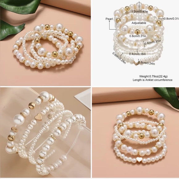 4pcs Elegant Vintage Minimalist CCB Imitation Pearl Beaded Bracelet Set w/Heart - Picture 7 of 9